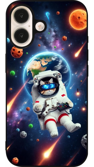 iPhone 16 Case Hülle - Silikon schwarz VR SpaceCat Odyssee