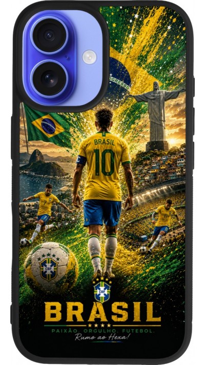 Coque iPhone 16 - Silicone rigide noir Football Brésil splash 2026
