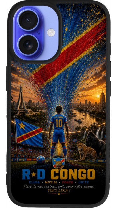 Coque iPhone 16 - Silicone rigide noir Football République démocratique du Congo splash 2026