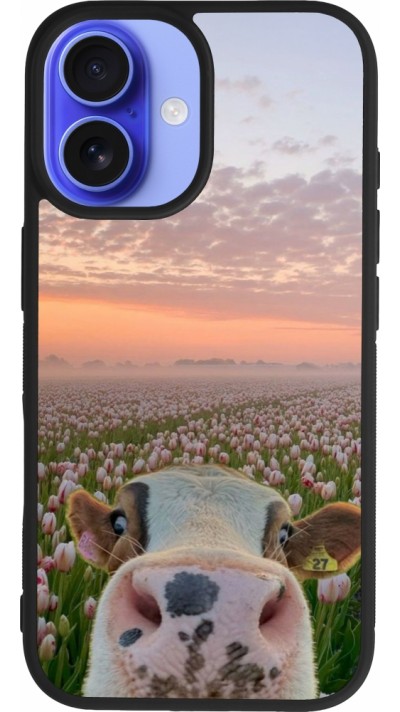 Coque iPhone 16 - Silicone rigide noir Cow with tulips Spring 2026