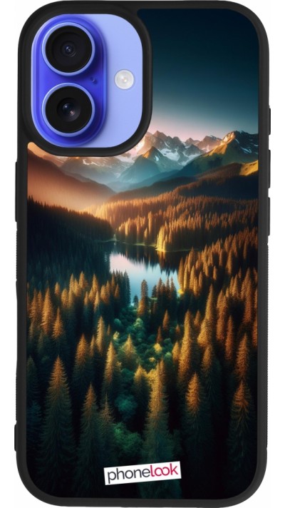 iPhone 16 Case Hülle - Silikon schwarz Sonnenuntergang Waldsee