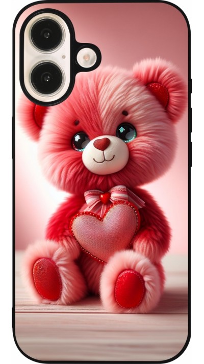 iPhone 16 Case Hülle - Silikon schwarz Valentin 2024 Rosaroter Teddybär