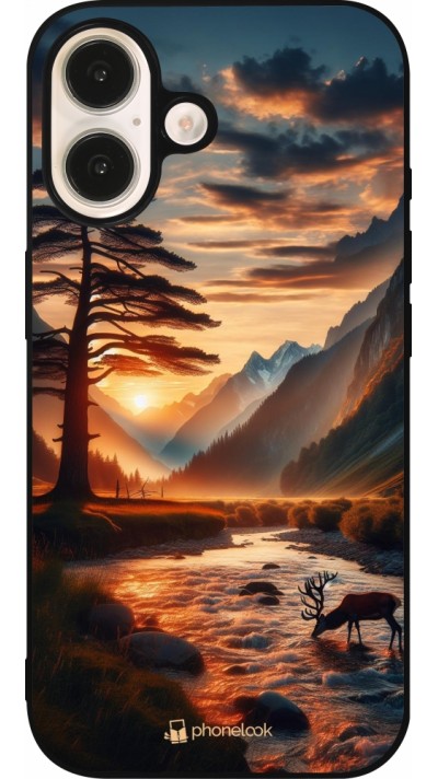 iPhone 16 Case Hülle - Silikon schwarz Tal Sonnenuntergang Hirsch Baum