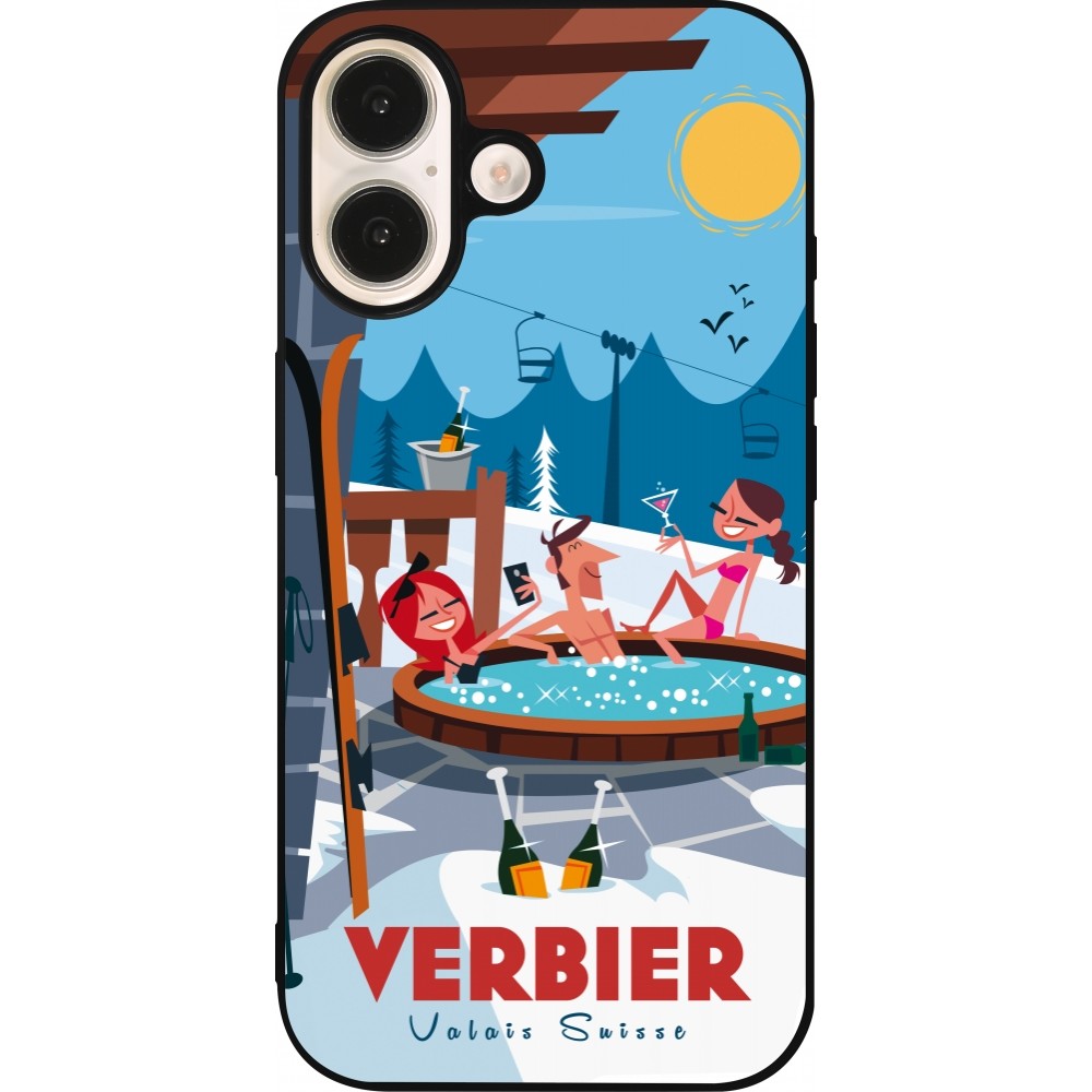 Coque iPhone 16 - Silicone rigide noir Verbier Mountain Jacuzzi