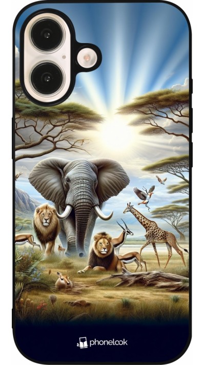 Coque iPhone 16 - Silicone rigide noir Vie sauvage africaine