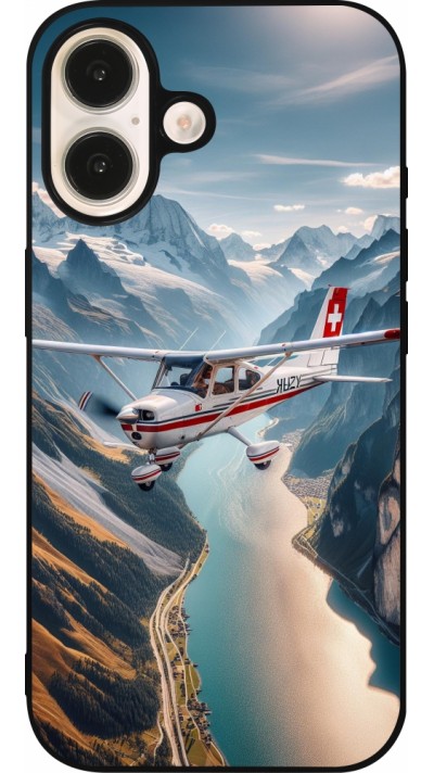 Coque iPhone 16 - Silicone rigide noir Vol Alpin Suisse