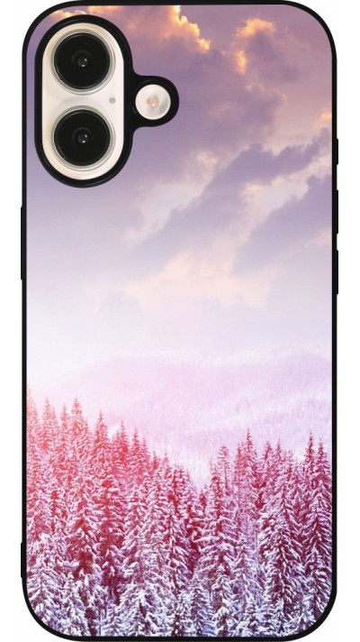 Coque iPhone 16 - Silicone rigide noir Winter 22 Pink Forest