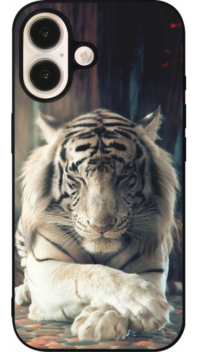 Coque iPhone 16 - Silicone rigide noir Zen Tiger Coque iPhone 16 - Silicone rigide noir Zen Tiger