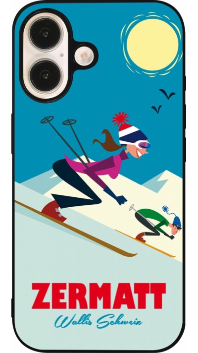 Coque iPhone 16 - Silicone rigide noir Zermatt Ski Downhill