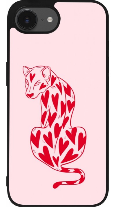 Coque iPhone 17e / 16e - Silicone rigide noir Leopard with hearts 2026