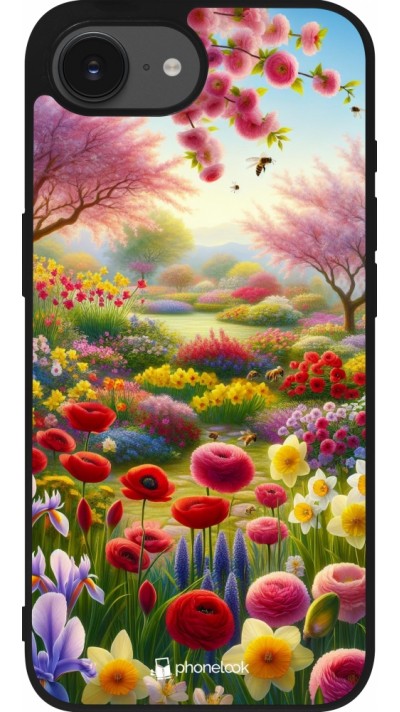 Coque iPhone 17e / 16e - Silicone rigide noir Spring 25 Bouquet printemps