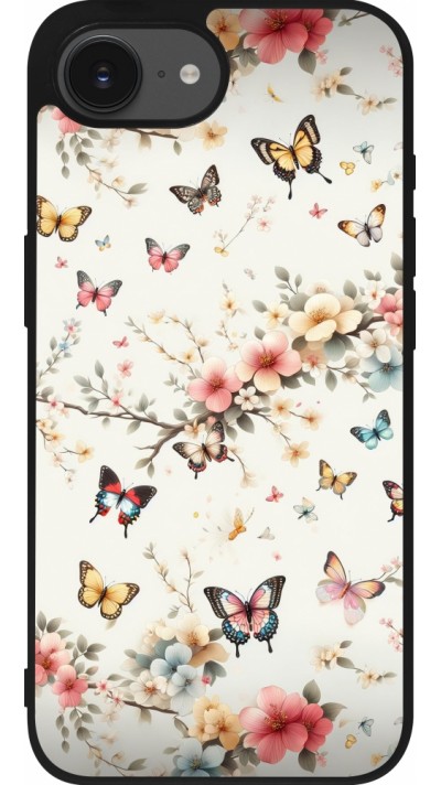 Coque iPhone 17e / 16e - Silicone rigide noir Spring 25 Papillons Légers