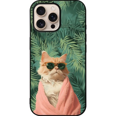 iPhone 16 Pro Max Case Hülle - Silikon schwarz Cat Summer Palms