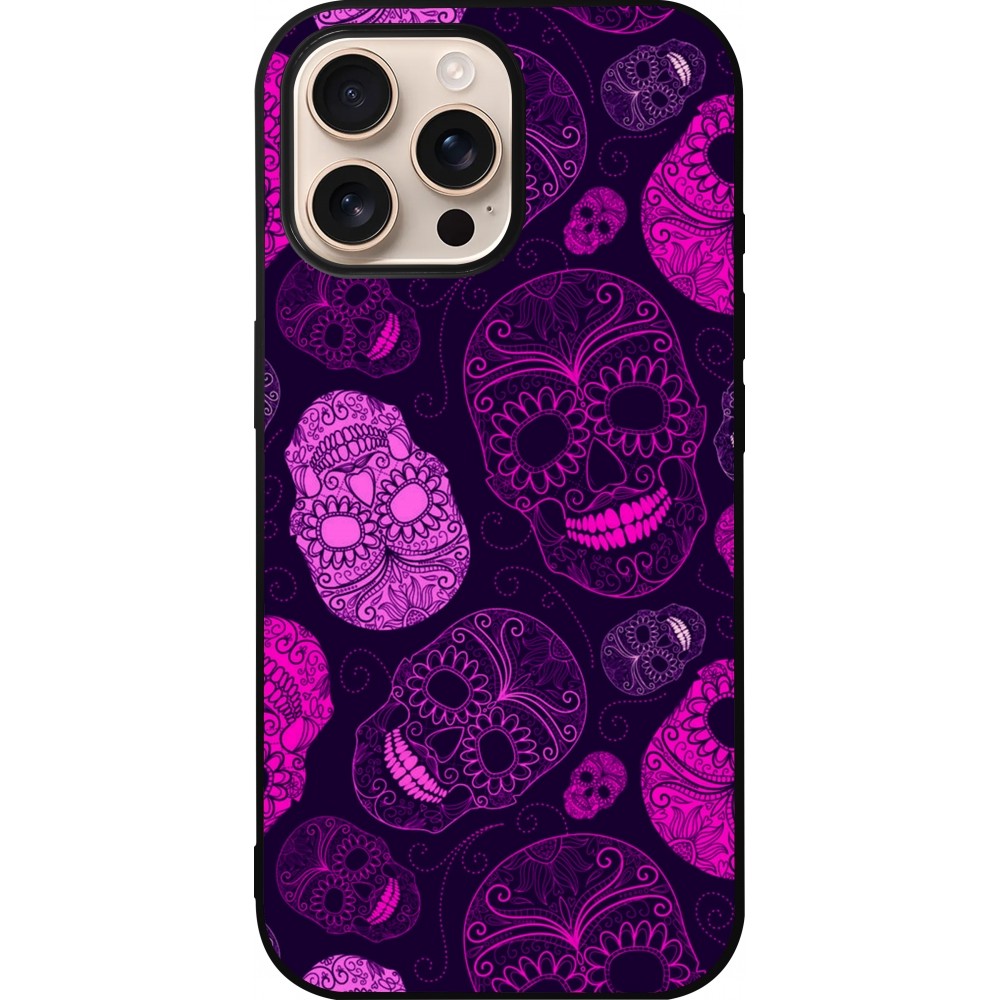 iPhone 16 Pro Max Case Hülle - Silikon schwarz Halloween 2023 pink skulls