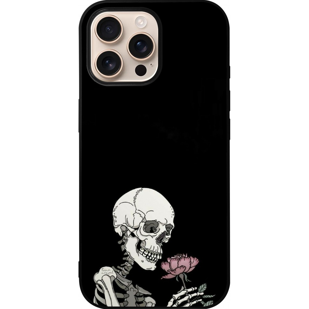 iPhone 16 Pro Max Case Hülle - Silikon schwarz Halloween 2023 rose and skeleton