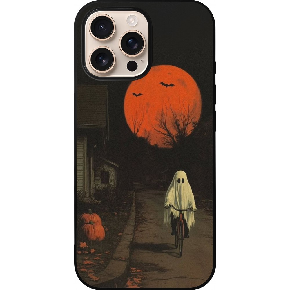 iPhone 16 Pro Max Case Hülle - Silikon schwarz Halloween 2025 Ghost on a bicycle