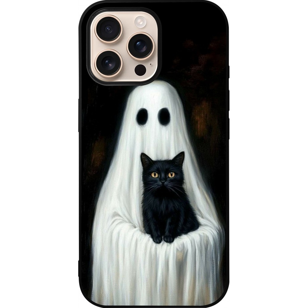 iPhone 16 Pro Max Case Hülle - Silikon schwarz Halloween 2025 Ghost with black cat