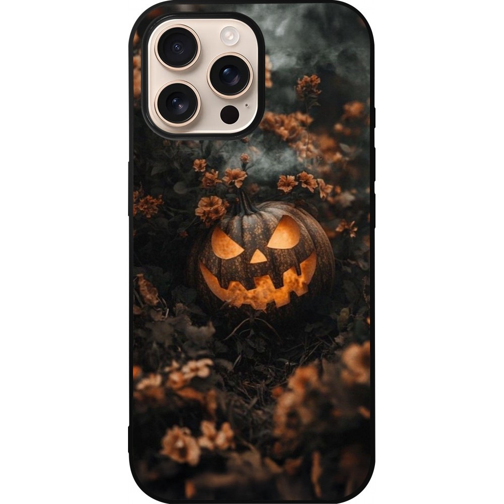 iPhone 16 Pro Max Case Hülle - Silikon schwarz Halloween 2025 Pumpkin with flowers