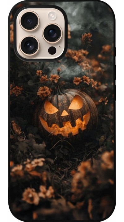 iPhone 16 Pro Max Case Hülle - Silikon schwarz Halloween 2025 Pumpkin with flowers