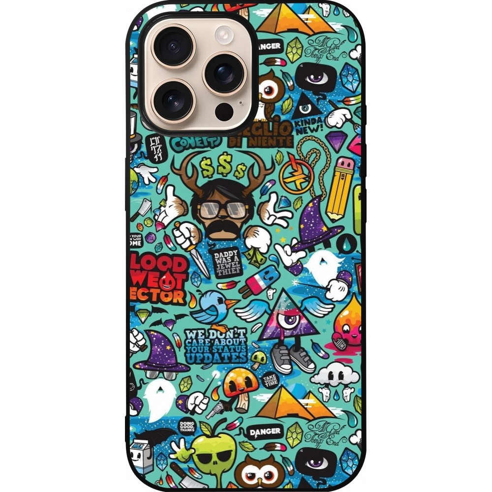 iPhone 16 Pro Max Case Hülle - Silikon schwarz Mixed Cartoons Turquoise