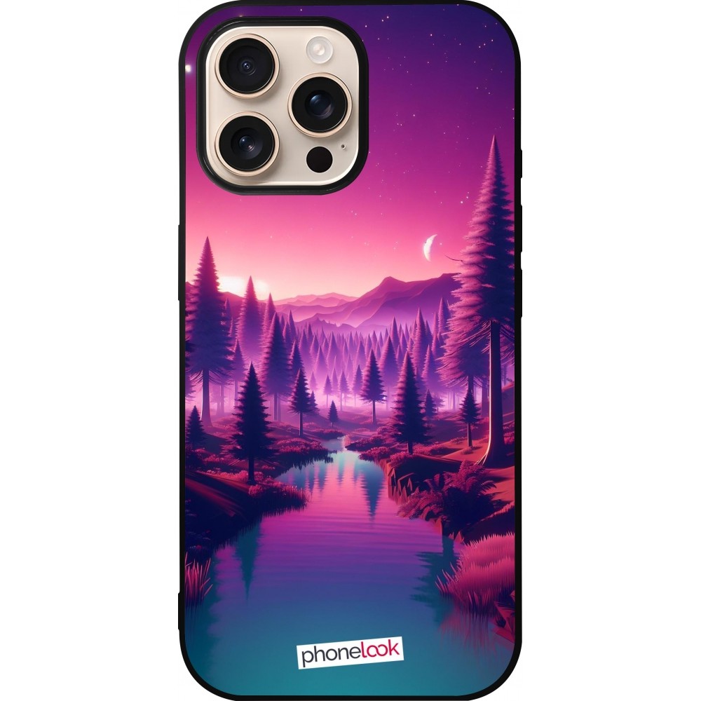 iPhone 16 Pro Max Case Hülle - Silikon schwarz Lila-rosa Landschaft