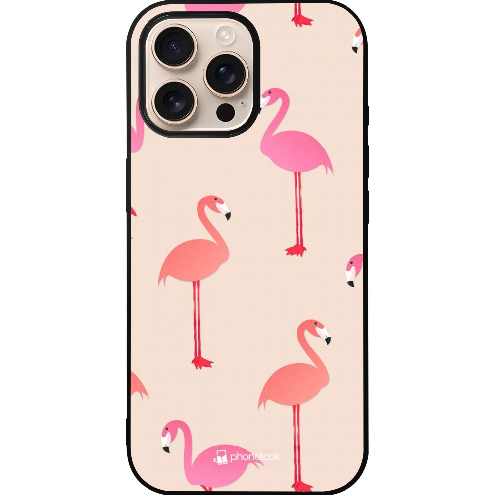iPhone 16 Pro Max Case Hülle - Silikon schwarz Pink Flamingos Pattern
