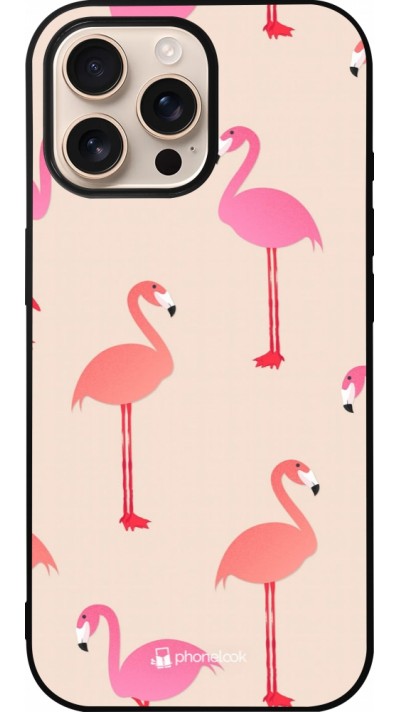 iPhone 16 Pro Max Case Hülle - Silikon schwarz Pink Flamingos Pattern