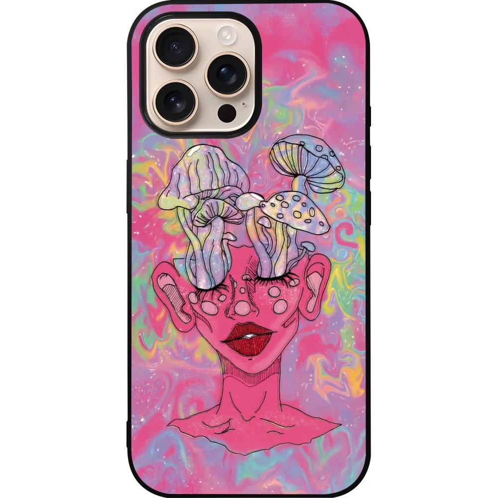 iPhone 16 Pro Max Case Hülle - Silikon schwarz Psychedelic pink mushroom
