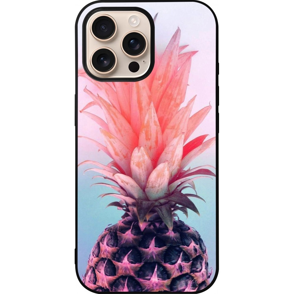 iPhone 16 Pro Max Case Hülle - Silikon schwarz Purple Pink Pineapple