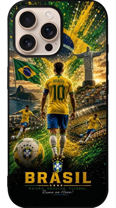 Coque iPhone 16 Pro Max - Silicone rigide noir Football Brésil splash 2026
