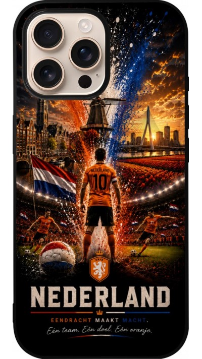 Coque iPhone 16 Pro Max - Silicone rigide noir Football Pays-Bas splash 2026