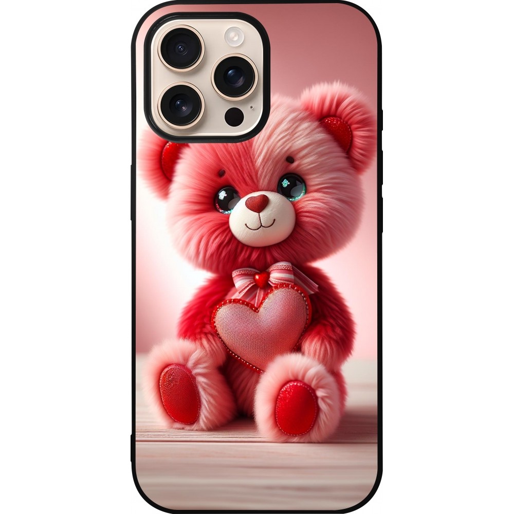 iPhone 16 Pro Max Case Hülle - Silikon schwarz Valentin 2024 Rosaroter Teddybär