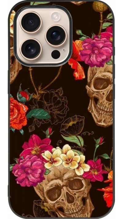 Coque iPhone 16 Pro - Silicone rigide noir Skulls and flowers