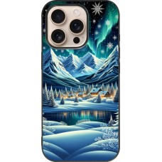 iPhone 16 Pro Case Hülle - Silikon schwarz Verschneites Bergdorf am See in der Nacht