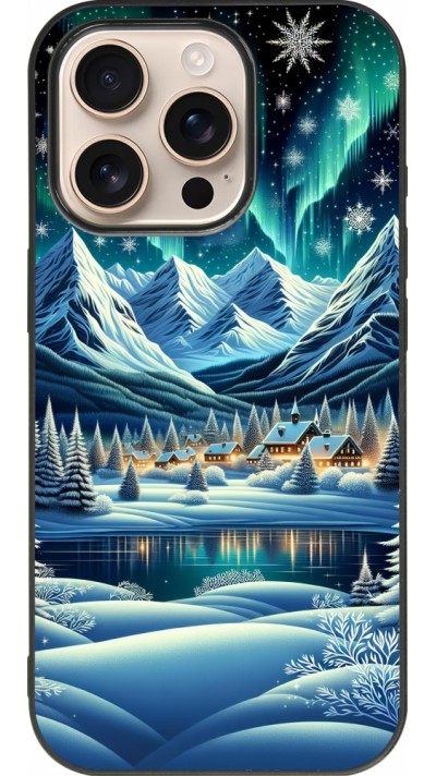 iPhone 16 Pro Case Hülle - Silikon schwarz Verschneites Bergdorf am See in der Nacht