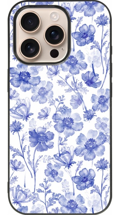 iPhone 16 Pro Case Hülle - Silikon schwarz Spring 23 watercolor blue flowers