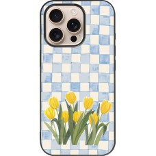 Coque iPhone 16 Pro - Silicone rigide noir Blue vichy tulips Spring 2026