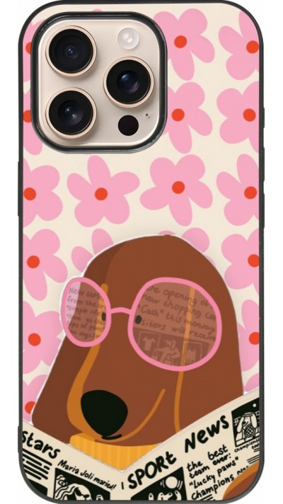Coque iPhone 16 Pro - Silicone rigide noir Dog with newspaper Spring 2026