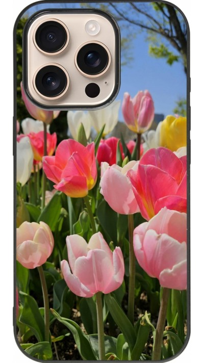 Coque iPhone 16 Pro - Silicone rigide noir Tulips Spring 2026