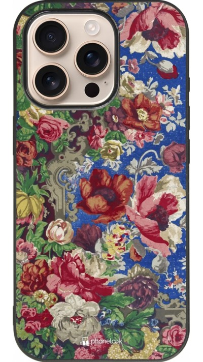 iPhone 16 Pro Case Hülle - Silikon schwarz Vintage Art Flowers