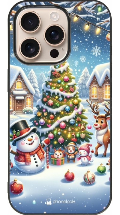 iPhone 16 Pro Case Hülle - Silikon schwarz Weihnachten 2023 Schneemann und Tannenbaum