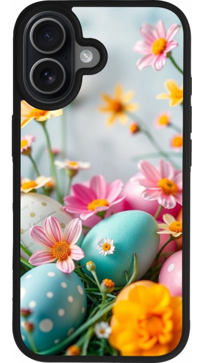 Coque iPhone 17 - Silicone rigide noir Easter 2026 Eggs with flowers