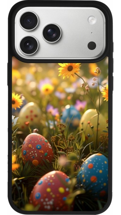 Coque iPhone 17 Pro Max - Silicone rigide noir Easter 2026 Decorated eggs