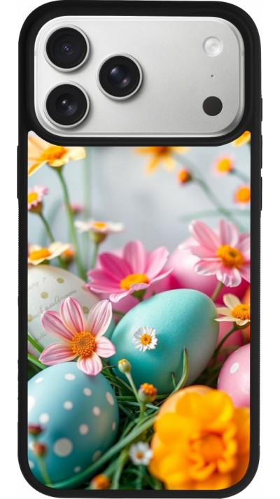 Coque iPhone 17 Pro Max - Silicone rigide noir Easter 2026 Eggs with flowers