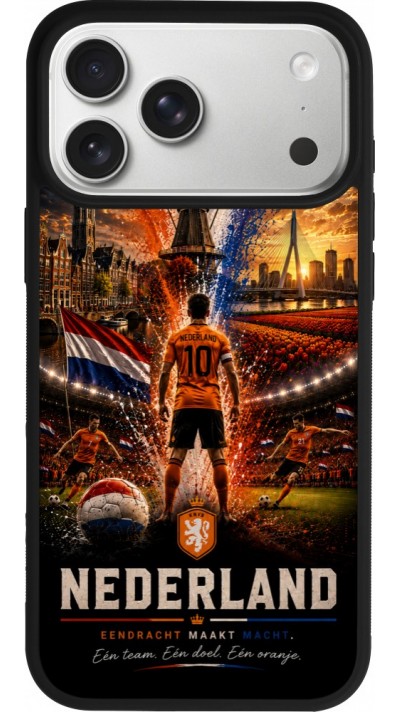 Coque iPhone 17 Pro Max - Silicone rigide noir Football Pays-Bas splash 2026