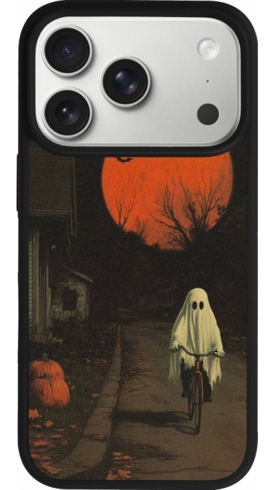 Coque iPhone 17 Pro - Silicone rigide noir Halloween 2025 Ghost on a bicycle