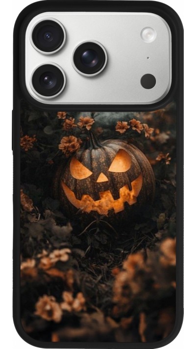 Coque iPhone 17 Pro - Silicone rigide noir Halloween 2025 Pumpkin with flowers