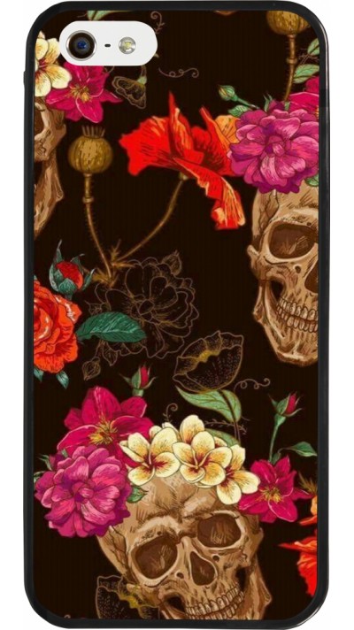 iPhone 5/5s / SE (2016) Case Hülle - Silikon schwarz Skulls and flowers