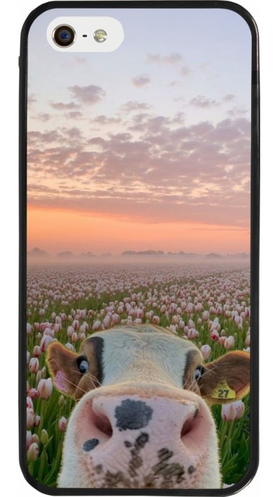 iPhone 5/5s / SE (2016) Case Hülle - Silikon schwarz Cow with tulips Spring 2026