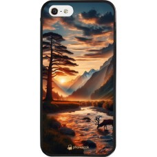 iPhone 5/5s / SE (2016) Case Hülle - Silikon schwarz Tal Sonnenuntergang Hirsch Baum